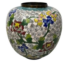 Antique Chinese Cloisonné Vase Ginger Jar Urn Floral Design 5” Tall No Lid Vtg picture