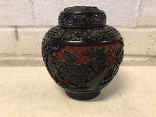 Vintage Chinese Black & Red Cinnabar Lacquer Ginger Jar w/ Floral Decoration picture