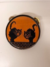 Antique c1925 J Chein Halloween Tin Litho Tambourine Noisemaker Black Cats picture