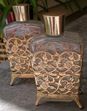 Vintage Stylebuilt Perfume Bottles Pair Gold Filigree Ornate Footed Dressing Set picture