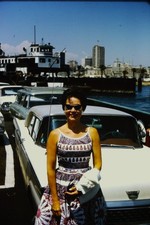 c1960's Kodachrome 35mm Slide, Woman Sunglasses White Car Waterfront City ferry picture