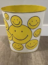 1970’s Vintage Cheinco Yellow Smiley Face Metal Wastebasket Trash Can picture