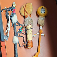 Handmade Lot of 3: Decorated Staff w/ Stone Arrowhead Tip, 2 Rawhide Rattles picture