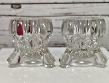 Vtg Jeannette Glass Clear Glass National Pattern 3 Footed Taper Candle Holders picture