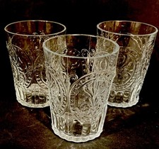 Anthropology Fleur-De-Lys Clear Juice 3 Glasses 6oz VTG Boho Pressed Glass  picture