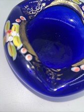 Cobalt Blue and Gold Hand Painted Flowers Czech Bohemian Glass Ashtray A15 picture