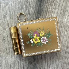 Vintage 1950s Hand-Painted Floral Carryall Compact Purse with Attached Lipstick picture