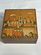 Vintage USSR Russian Carved Wood Folk Art Pyrography Jewelry Trinket Box 4x4” picture