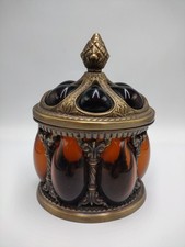 Vintage Amber Glass Hand Blown Bubble Glass Lidded Brass Caged Apothecary Jar  picture