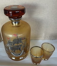 VTG Czech Amber Glass Decanter Set Silver Overlay Sailing Ship 2 Shot Cups MCM picture