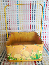Vintage Easter Basket w/ Bunny & Floral Design, Beige Multicolor Wood 10