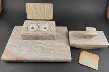 1930s ART DECO SOLID MARBLE DOUBLE INKWELL W/ CERAMIC INSERTS PEN REST & BLOTTER picture