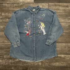 VTG DISNEY ALICE IN WONDERLAND TEA PARTY EMBROIDERED DENIM LONG SLEEVE SHIRT XXL picture