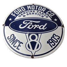 Vintage Ford Motors Sign - V8 Genuine Parts Service Dealership Porcelain Sign picture