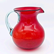 Blenko Style Hand Blown Large Glass Pitcher Ruby Red Applied Handle Vintage 8