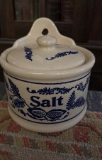 Vintage Stoneware Blue Salt Well With Lid. Salt Box Wall Mount picture