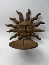Vintage Cast Iron Celestial Smiling Sun Face Wall Sconce Hinged Candle Holder picture