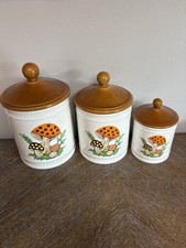 Vintage 1982 Sears Merry Mushroom Ceramic Canister Set of 3 Japan w Lids picture