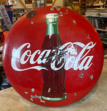 Coca-Cola Round Embossed Metal Advertising Sign Bottle Graphic Soda Red 24” picture