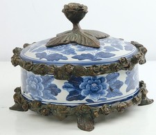 Maitland Smith Hand Painted  Porcelain Box Brass Ormolu Floral Rose Trinket Dish picture