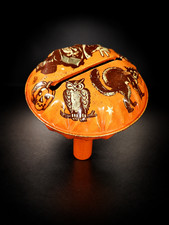 Vintage Halloween Tin Lithograph Noisemaker Wooden Handle Owl Black Cat Witch picture