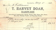 1913 T. Harvey Doan Hardware Berwick PA Billhead picture