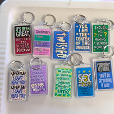VTG  10 Novelty Slogan Keychains, Multicolor Plastic Detachable Keyrings picture