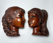 Vintage Achatit Handarbeit Wall Masks Pair, MCM West Germany #1005 picture