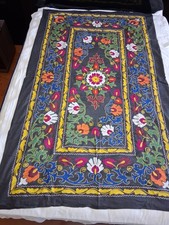 Suzani Black Fabric / Vintage Uzbek  Embroidery Table Cover Tapestry Rare  picture