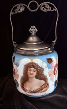 Antique Victorian Portrait Biscuit Jar Hand Painted Porcelain Ornate Metal Lid picture