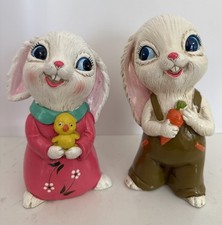 Pair Of RARE Vintage Easter Boy & Girl Bunny Rabbit 7” Japan picture