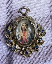 Vintage Reversible Catholic Medal Pendant Jesus Mary Rhinestone Devotional Charm picture