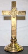 Vintage Brass Altar Standing Cross IHS Christogram Gothic Tabletop Crucifix 15