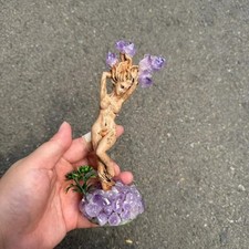 Natural Amethyst Cluster Tree Goddess Dryad Carving Crystal Healing Home Decor picture