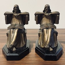 Antique J.B. Hirsch John Ruhl Signed Bookends Spelter Man Reading Scholar Pair picture
