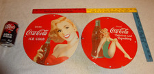 VINTAGE DRINK COCA COLA PORCELAIN SIGN LOT OF 2 LADIES DRINKING COKE ADVERTISING picture