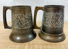 Vintage Hand Engraved Brass Tankards Beer Mugs x2 Indian Floral Chased Decor picture