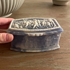 VTG Genuine Incolay Stone Blue Hinged Trinket Box Raised Relief Scene Handmade picture