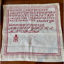 Antique Redwork Sampler 19thC Alphabet Cross Stitch Linen Primitive textile art picture