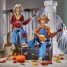 2PCS Halloween Skeletons Duo Animated Motion Sound Activated Musical Banjo Decor picture