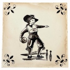 Vintage Dutch Delft Style Ceramic Tile Child Playing Ninepins Skittles Bowling picture