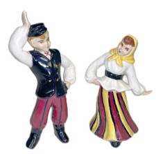 Dancing Couple Ceramic Folk Art Figurines Vintage Boy Girl picture