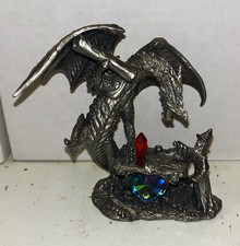 Pewter Dragon Figurine Statue w/ Crystal Gem Accents Fantasy Collectible picture