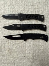 SOG Folding Knife Lot of 3 Micron II Centi II QAD Promo Black Lockback Used S17 picture