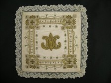Antique silk embroidered Chalice Pall in goldbrocade and bobbin lace picture