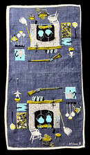 Vtg. 50s Linen Tea Towel CABIN COTTAGE COLONIAL FRONTIER de Antonio Lois Long picture