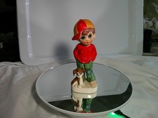 Vintage 1970s Big Eye Boy & Dog Ceramic Figurine Kitsch Made in Japan Red Cap picture