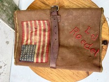 Vintage US Military Canvas & Leather Field Roll Up Bag US 48 Star Flag Patch WWI picture