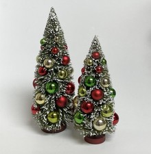2 ct Decorated Flocked Bottle Brush Christmas Trees Holiday Decor 12” 9.5” VTG picture