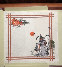 Antique 20s 30s Halloween Unfolded Crepe Paper Napkin Witch House Bat Pumpkin picture